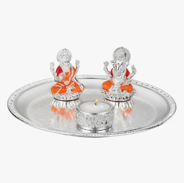 Puja Thali with Lakshmi Ganesha on Chowki & Tea Light