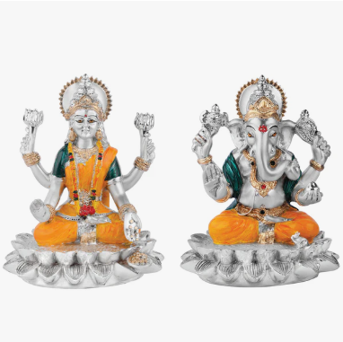 Colored Lotus Laxmi Ganesha Set (h-13 cm)