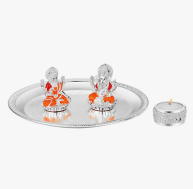 Puja Thali with Lakshmi Ganesha on Chowki & Tea Light