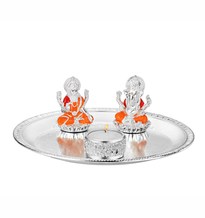 Puja Thali with Lakshmi Ganesha on Chowki & Tea Light